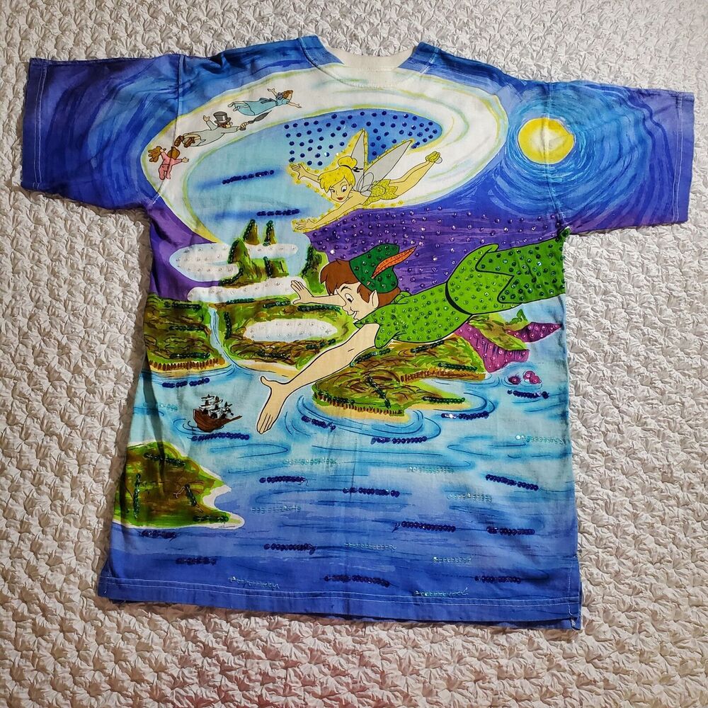 Vintage Disney JouJou Neverland Sequins Peter Pan Tinker Bell T- Shirt XL 1990